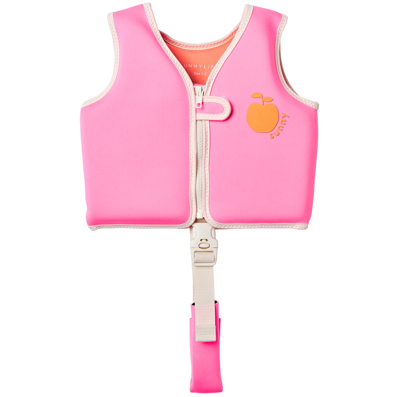Sunnylife: Kids Float Vest 1-2 - Poppy the Peach - Neon Pink Fruit, Children Up To 33lbs, Pool & Water Jacket, Zip Front, Safety Strap, Natural Rubber